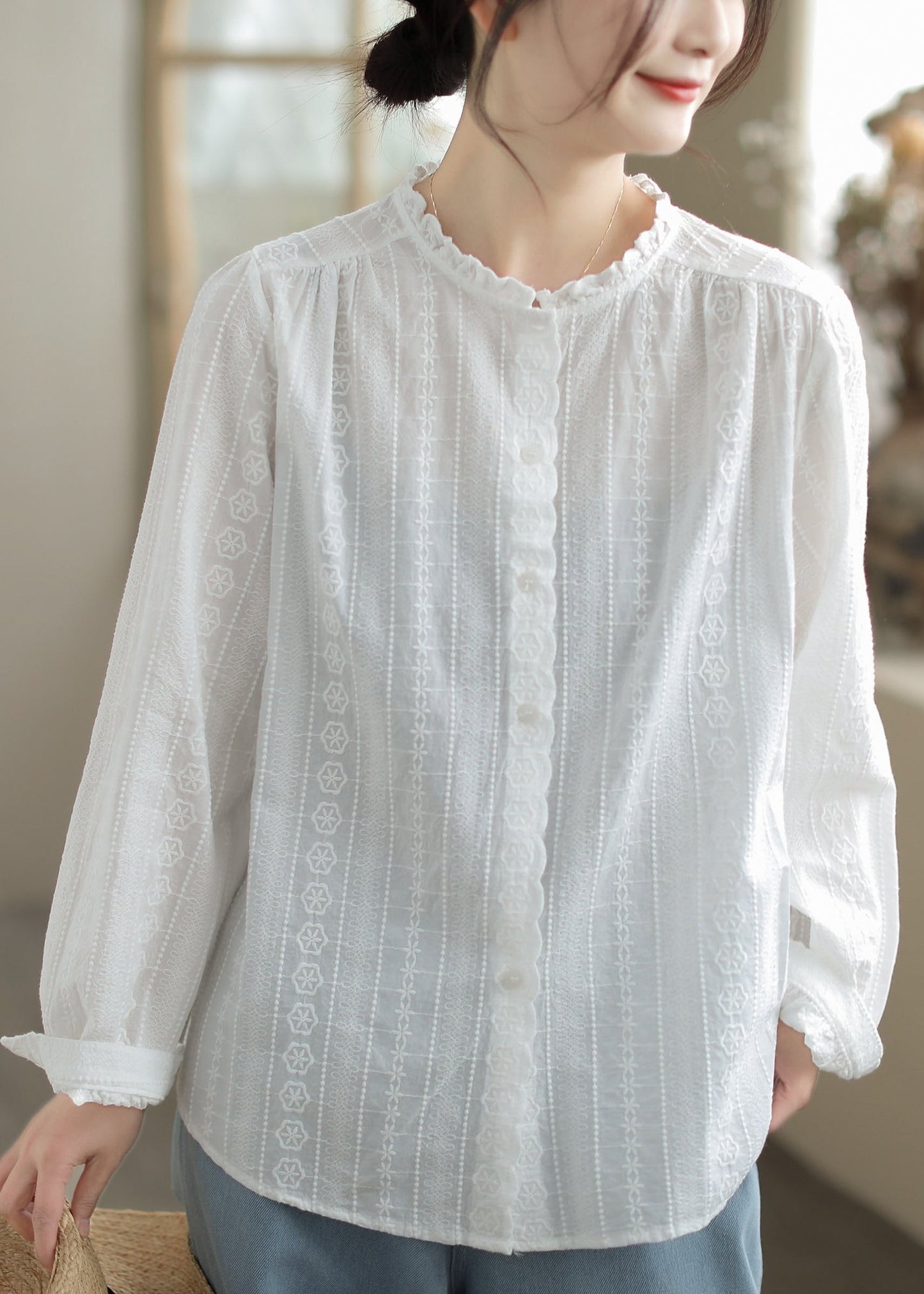 Art White Ruffled Embroidered Cotton Shirt Top Spring
