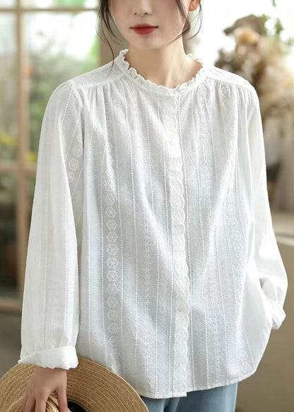 Art White Ruffled Embroidered Cotton Shirt Top Spring