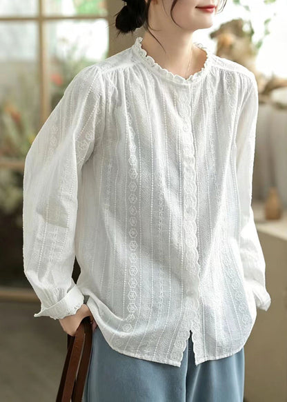 Art White Ruffled Embroidered Cotton Shirt Top Spring