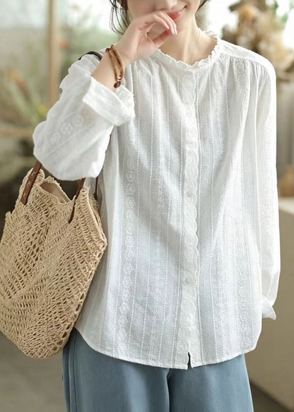Art White Ruffled Embroidered Cotton Shirt Top Spring