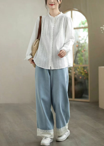Art White Ruffled Embroidered Cotton Shirt Top Spring