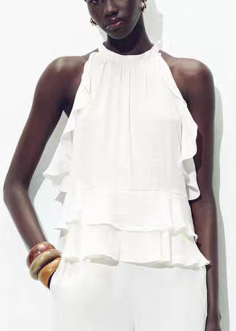 Art White Ruffled Layered Cotton Shirt Tops Sleeveless