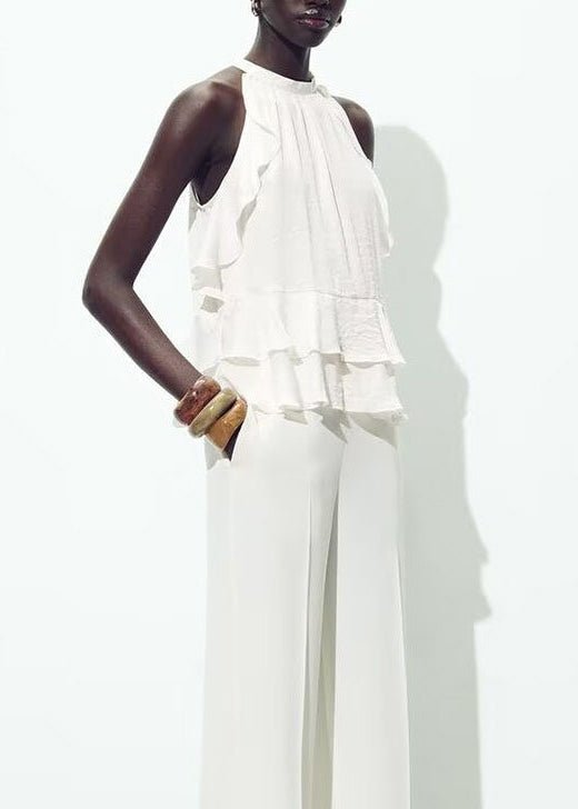 Art White Ruffled Layered Cotton Shirt Tops Sleeveless