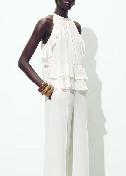 Art White Ruffled Layered Cotton Shirt Tops Sleeveless