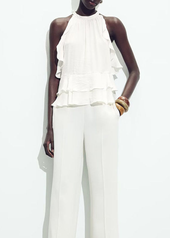 Art White Ruffled Layered Cotton Shirt Tops Sleeveless