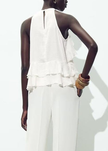 Art White Ruffled Layered Cotton Shirt Tops Sleeveless