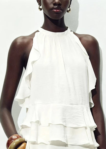 Art White Ruffled Layered Cotton Shirt Tops Sleeveless