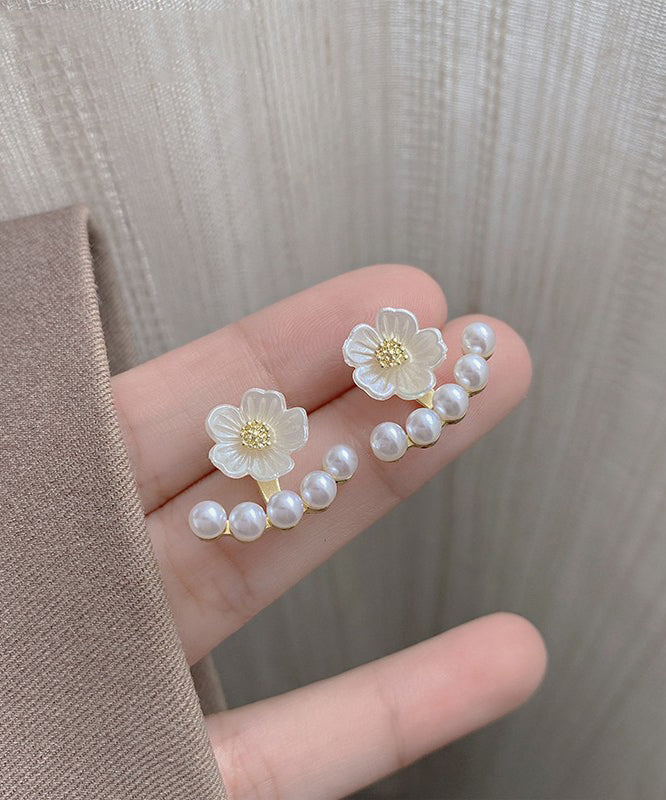 Pendientes de botón con diseño floral de perlas de aleación de plata de ley blanca