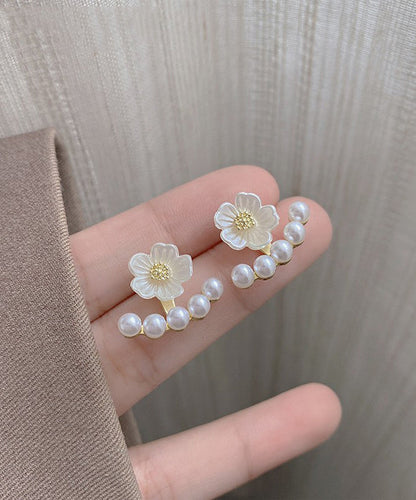 Pendientes de botón con diseño floral de perlas de aleación de plata de ley blanca