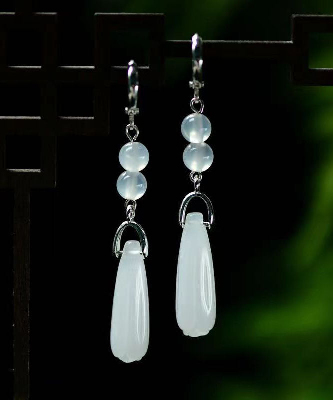 Art White Sterling Silber Jade Orchidee Kristall Tropfen Ohrringe