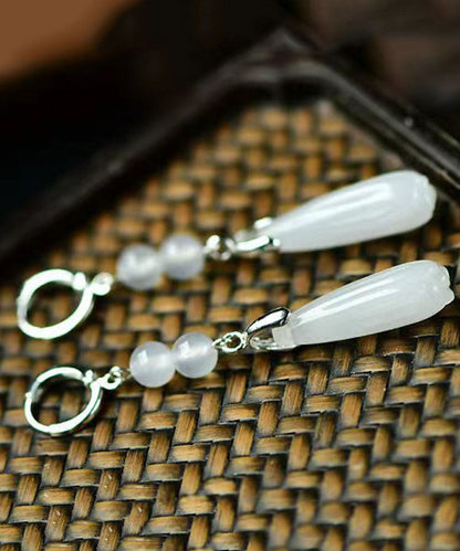 Art White Sterling Silber Jade Orchidee Kristall Tropfen Ohrringe