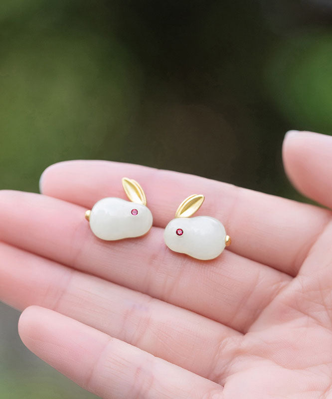 Art White Sterling Silber Overgilt Jade Kaninchen Ohrstecker