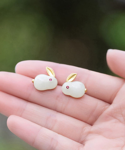 Art White Sterling Silber Overgilt Jade Kaninchen Ohrstecker