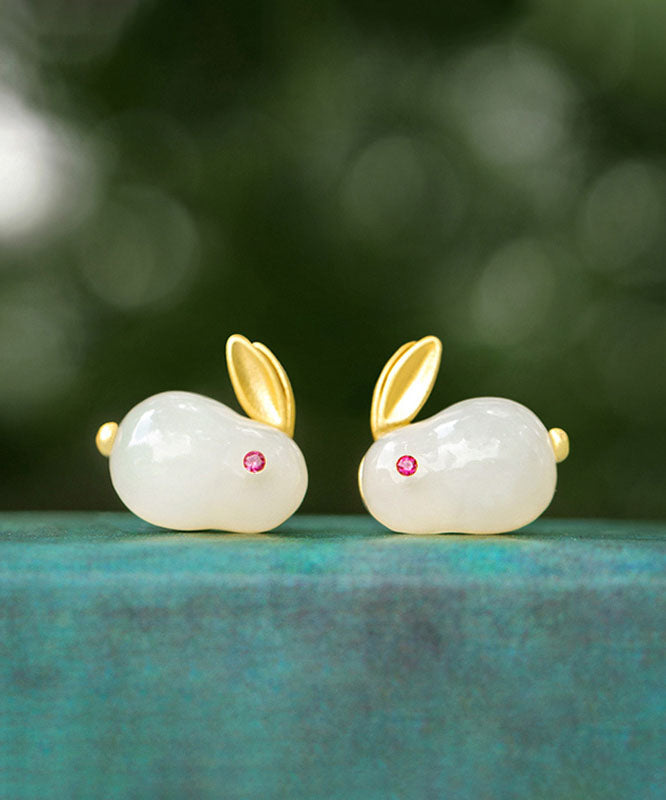 Art White Sterling Silber Overgilt Jade Kaninchen Ohrstecker