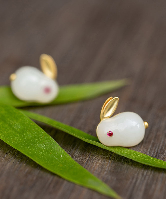 Art White Sterling Silber Overgilt Jade Kaninchen Ohrstecker