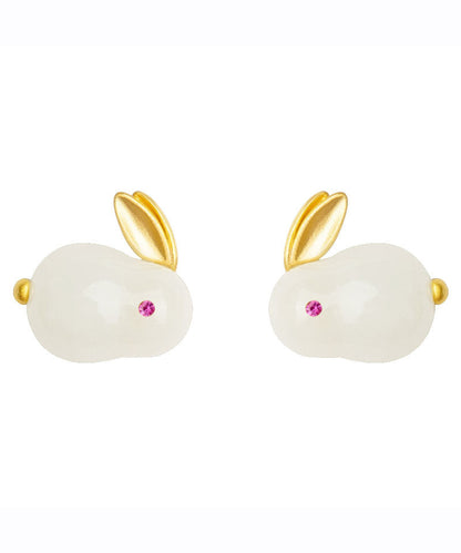 Art White Sterling Silber Overgilt Jade Kaninchen Ohrstecker