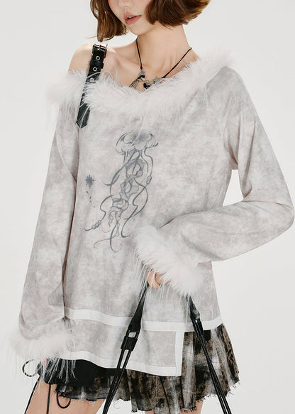 Weißes, asymmetrisches Patchwork-Top mit Batikmuster und Kunstpelz-Ein-Schulter-Design für den Frühling