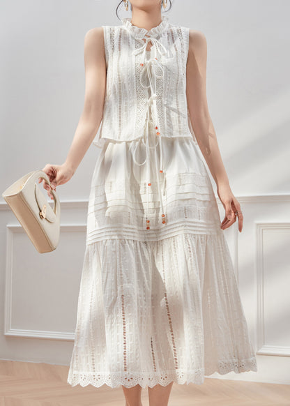 Art White Tie Lace Ruffled Lace Shirt And Maxi Skirts Two Piece Set Sleeveless