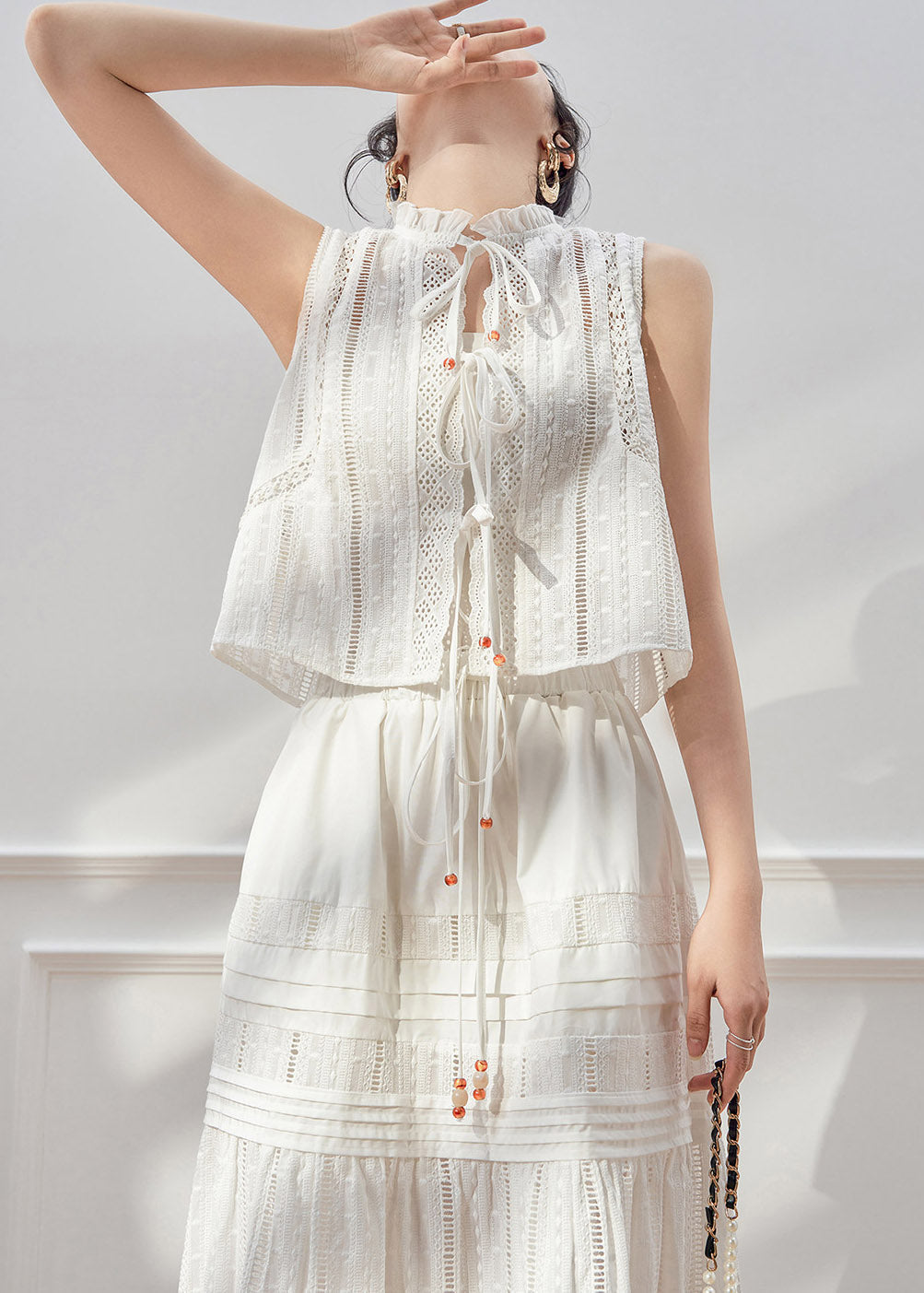 Art White Tie Lace Ruffled Lace Shirt And Maxi Skirts Two Piece Set Sleeveless