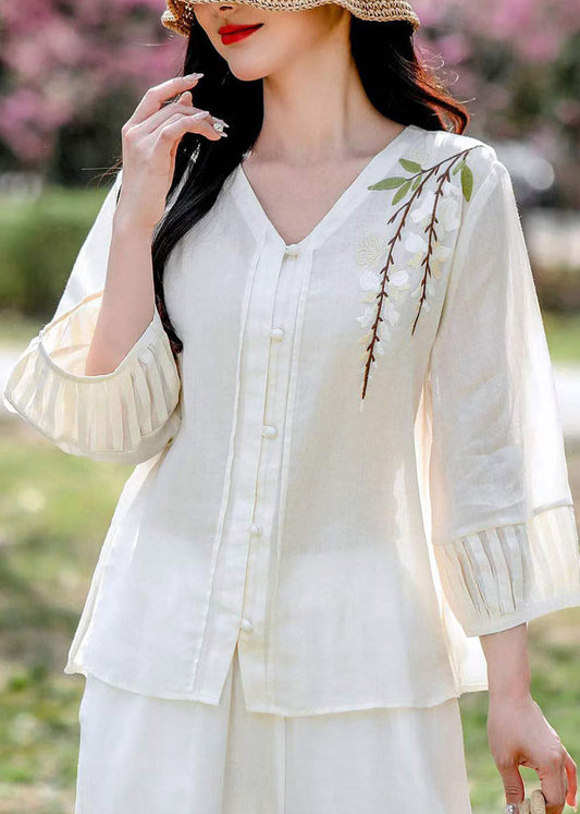 Art White V Neck Embroidered Linen Shirt Fall