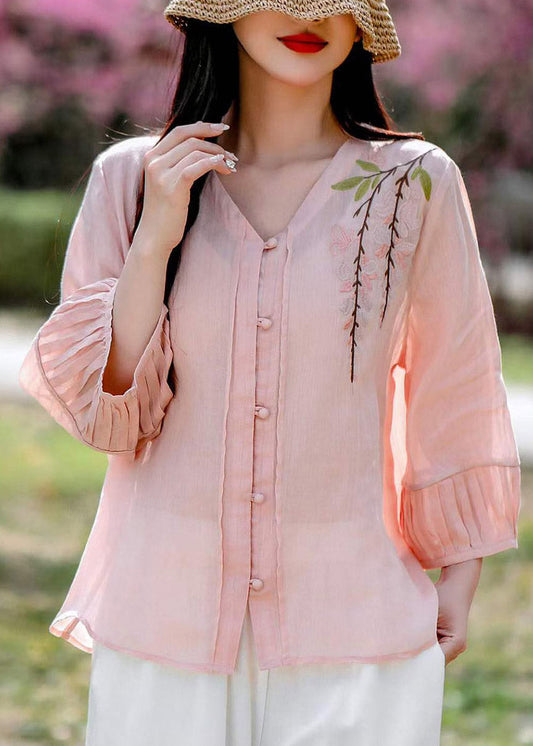 Art White V Neck Embroidered Linen Shirt Fall