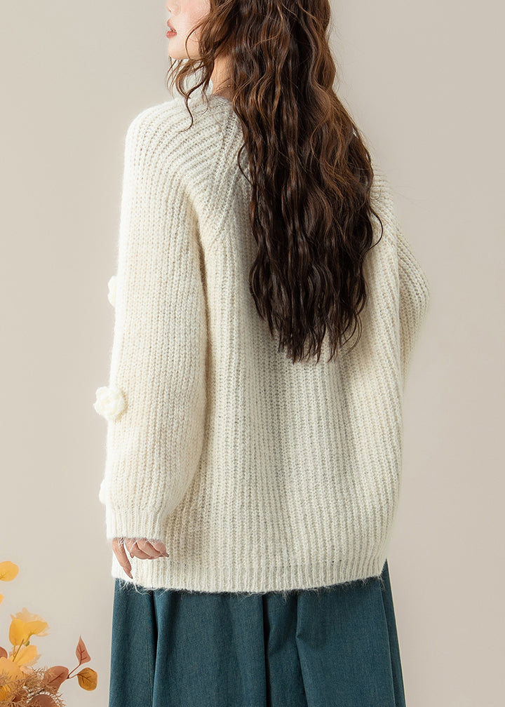 Art White V Neck Floral Cozy Knit Cardigans Spring