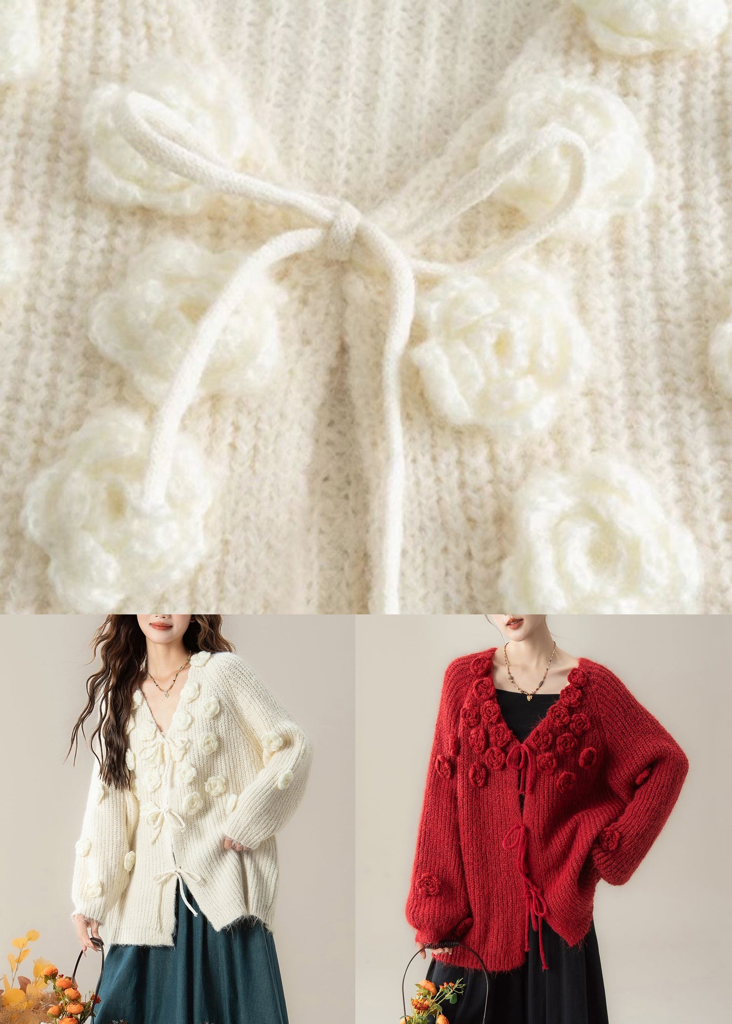 Art White V Neck Floral Cozy Knit Cardigans Spring