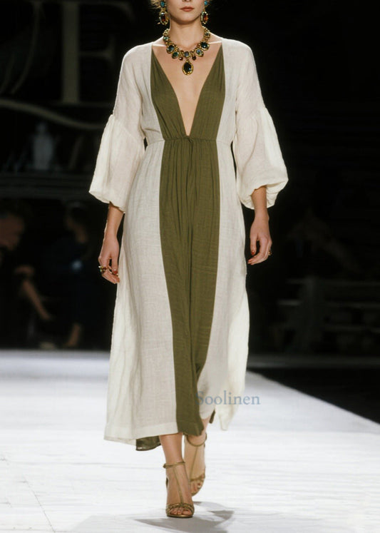 Vestido tobillero de algodón con cuello en V y patchwork, manga farol, color blanco