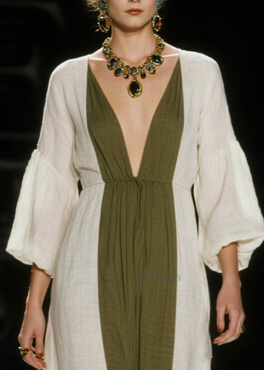 Vestido tobillero de algodón con cuello en V y patchwork, manga farol, color blanco