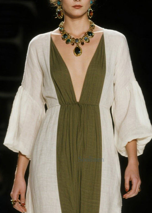 Vestido tobillero de algodón con cuello en V y patchwork, manga farol, color blanco