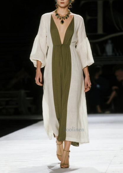 Vestido tobillero de algodón con cuello en V y patchwork, manga farol, color blanco