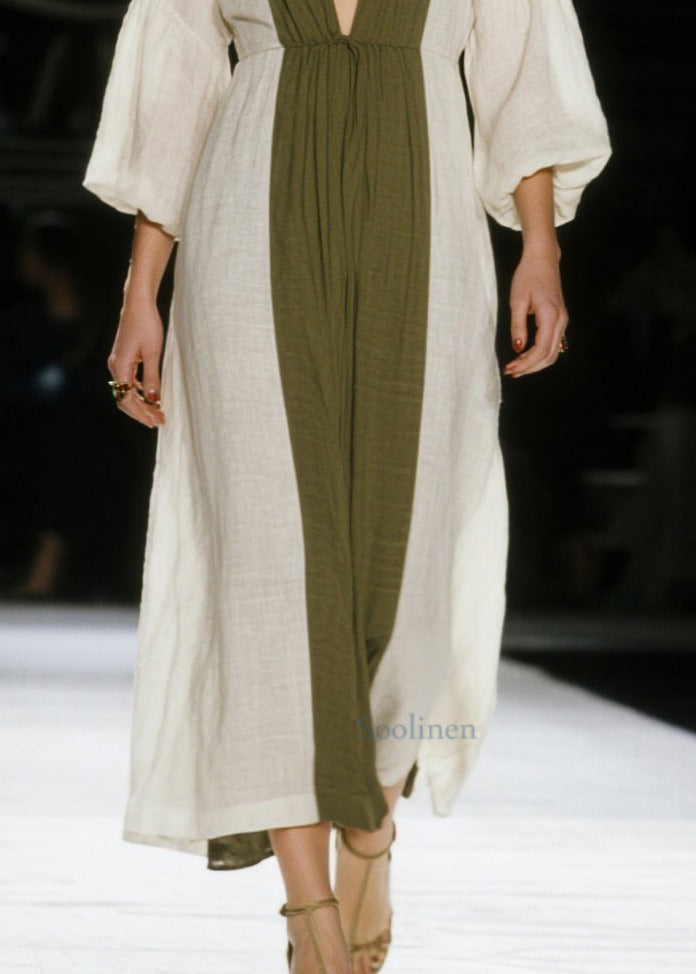 Vestido tobillero de algodón con cuello en V y patchwork, manga farol, color blanco