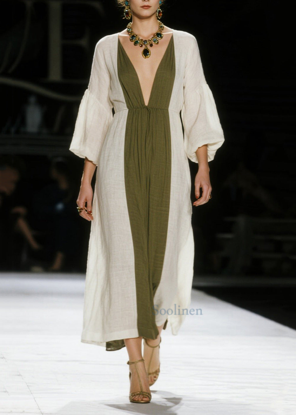 Vestido tobillero de algodón con cuello en V y patchwork, manga farol, color blanco