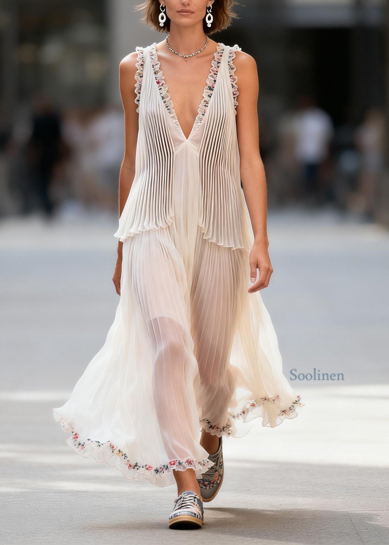Art White V Neck Ruffled Print Patchwork Chiffon Dresses Sleeveless