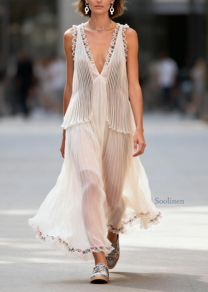 Art White V Neck Ruffled Print Patchwork Chiffon Dresses Sleeveless