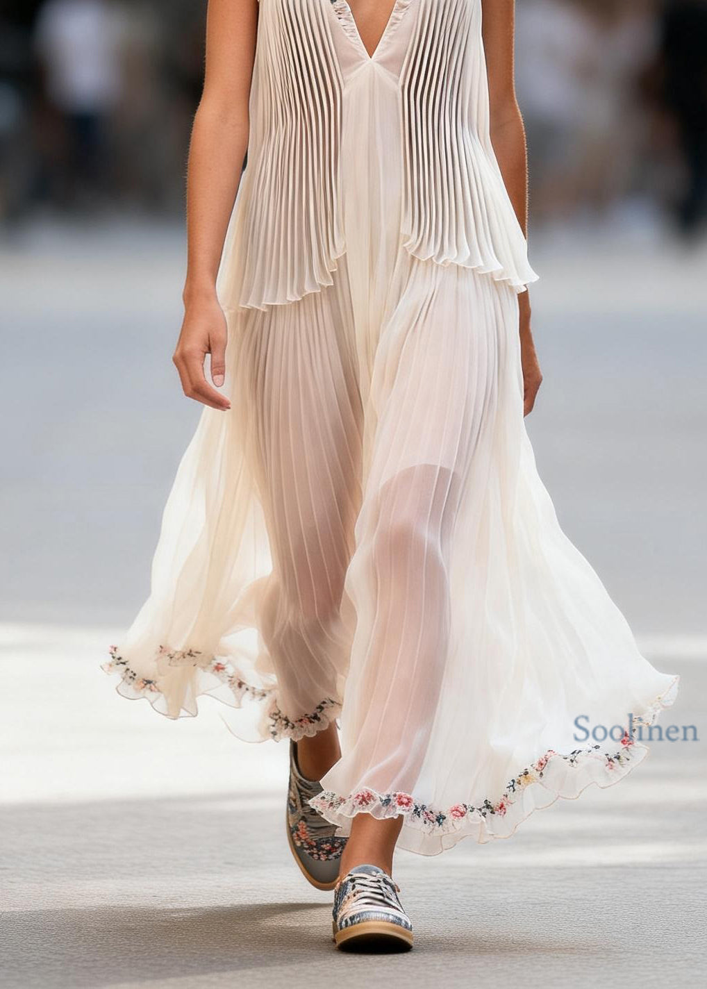 Art White V Neck Ruffled Print Patchwork Chiffon Dresses Sleeveless