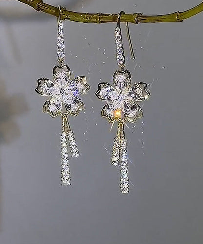 Pendientes colgantes con borlas y lazo floral de circonita blanca