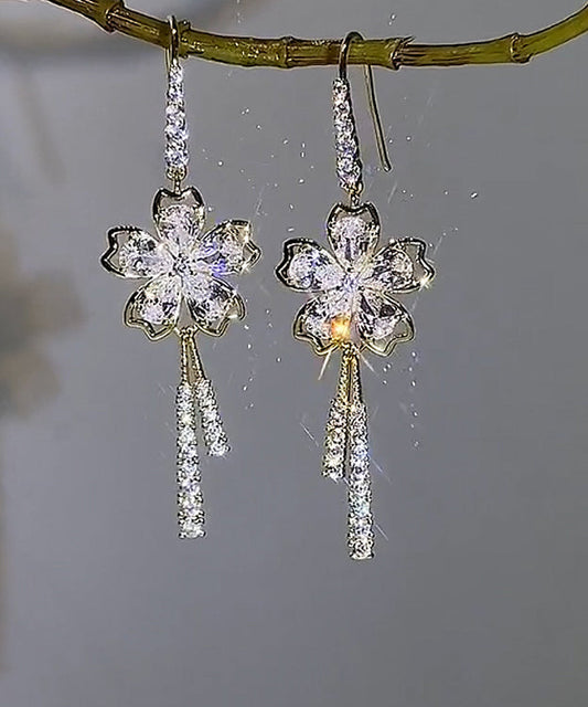 Pendientes colgantes con borlas y lazo floral de circonita blanca