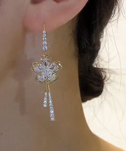 Pendientes colgantes con borlas y lazo floral de circonita blanca