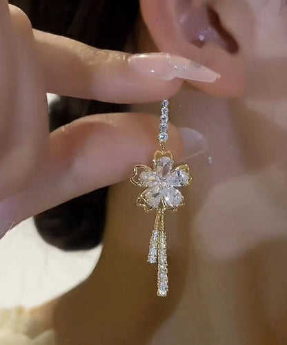 Pendientes colgantes con borlas y lazo floral de circonita blanca