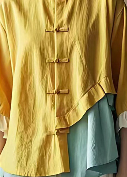 Art Gelbe asymmetrische Baumwollbluse mit Knopfleiste und Schmetterlingsärmeln