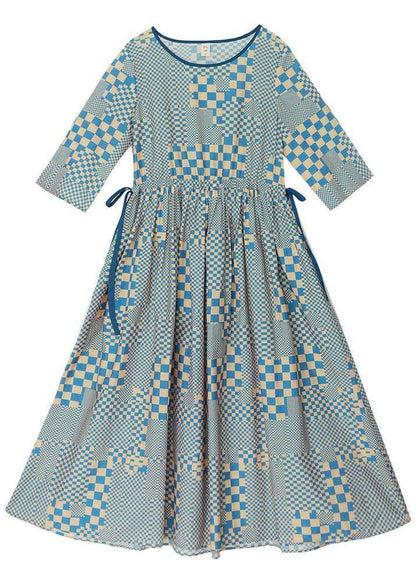 Art Yellow Blue Plaid tie waist Dress Summer Linen Dress - SooLinen