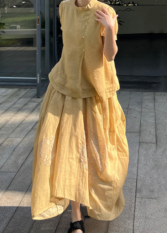 Art Yellow Lace Patchwork Tops And Skirts Two Pieces Set Summer