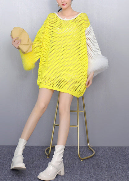 Art Yellow O-Neck Hollow Out Patchwork Knit Top Fall