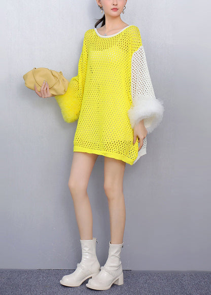Art Yellow O-Neck Hollow Out Patchwork Knit Top Fall