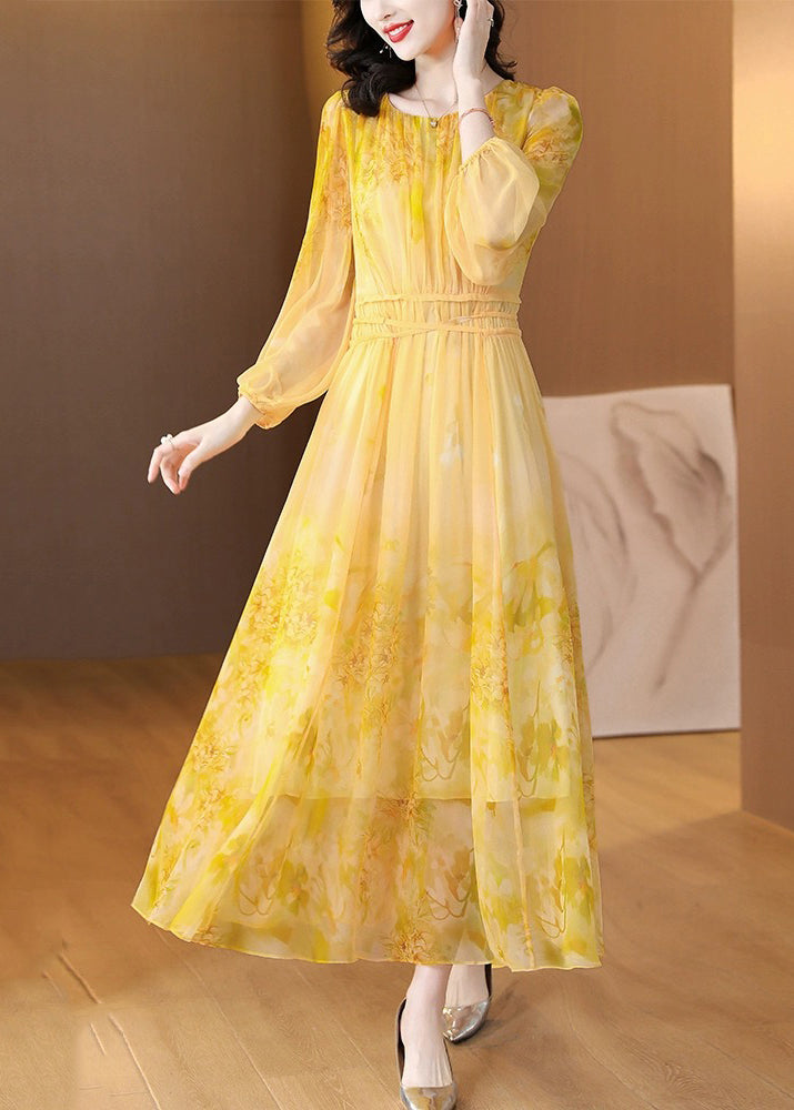 Art Yellow O Neck Print Lace Up Silk Langes Kleid Sommer