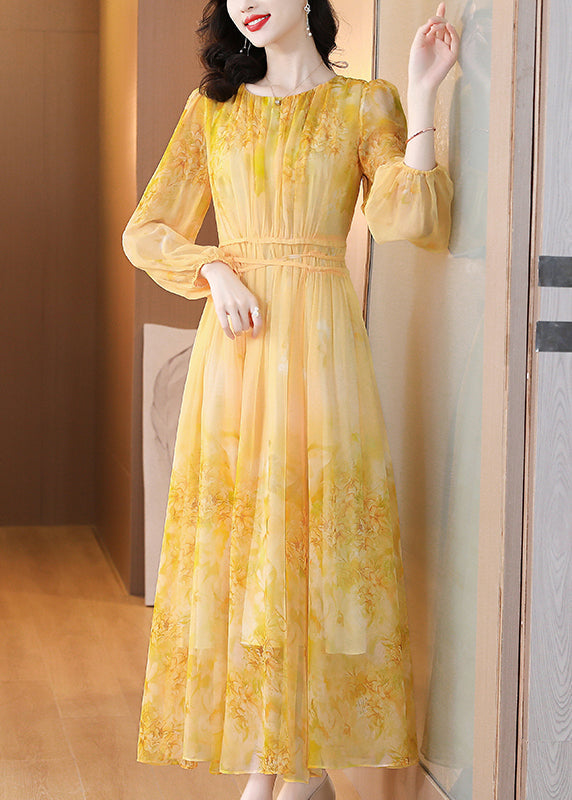 Art Yellow O Neck Print Lace Up Silk Langes Kleid Sommer