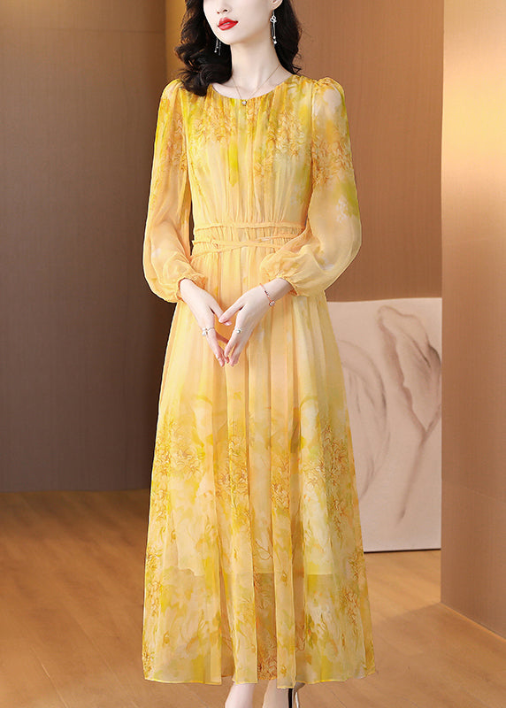 Art Yellow O Neck Print Lace Up Silk Langes Kleid Sommer