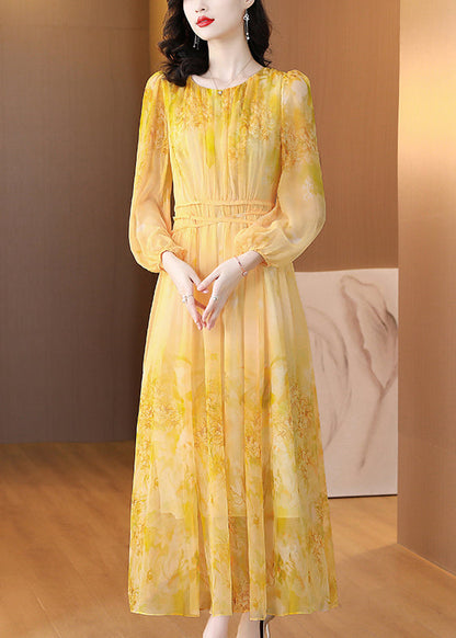 Art Yellow O Neck Print Lace Up Silk Langes Kleid Sommer