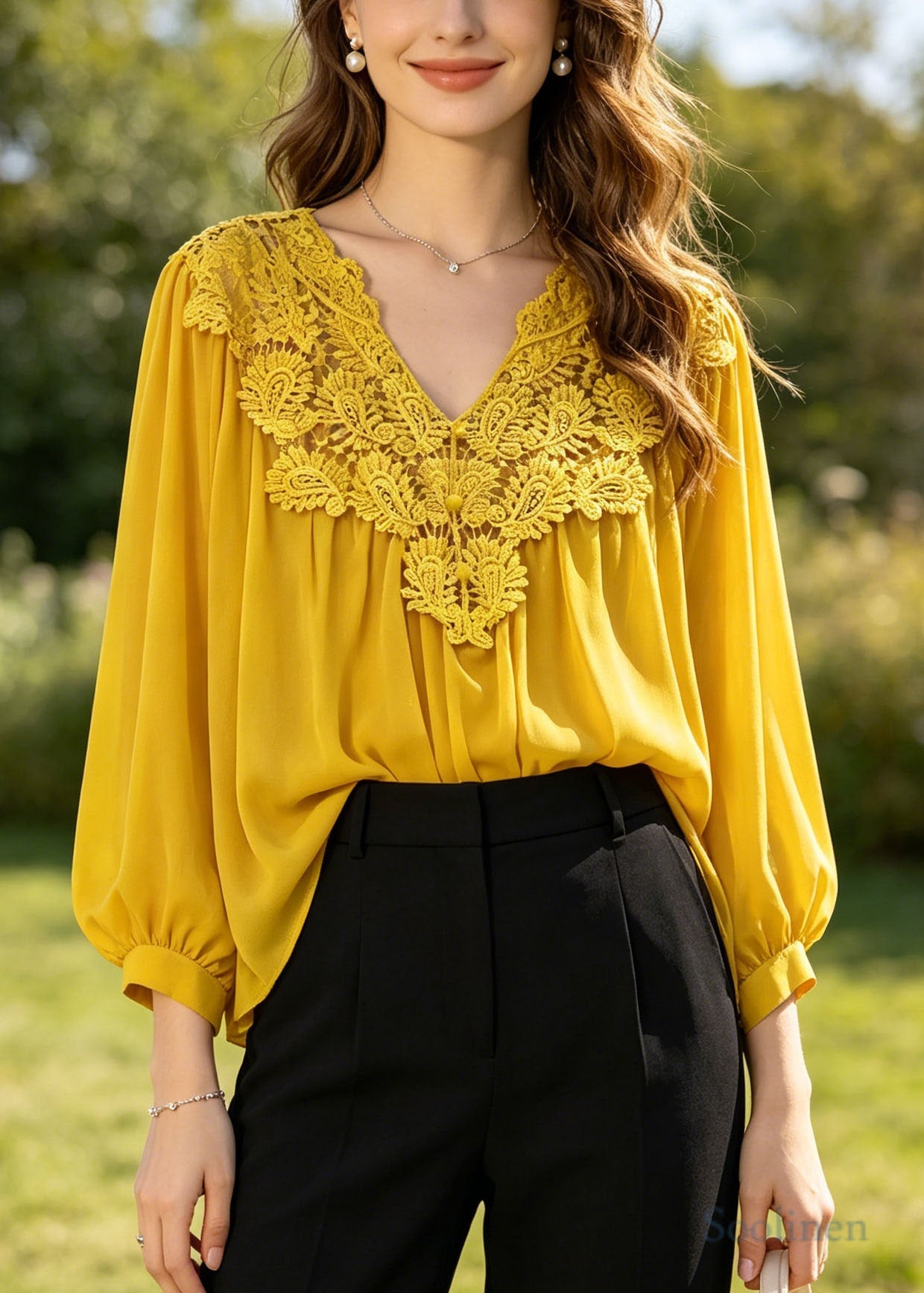 Art Yellow Oversized Patchwork Hollow Out Chiffon Blouses Summer